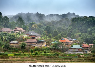 Moc Chau Town, Son La Province, Vietnam- January 16, 2022: A village of ethnic minorities in Moc Chau Town, Son La Province, Vietnam