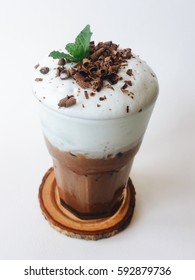 Mocha Mint Coffee And Milk Foam,Peppermint Mocha Latte And Chocclate Chip On White Background