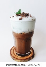 Mocha Mint Coffee And Milk Foam,Peppermint Mocha Latte And Chocclate Chip On White Background