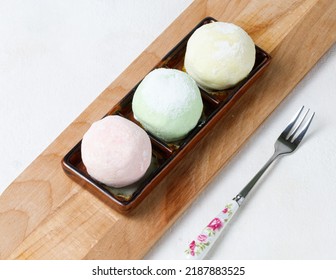 Mochi Rice Cakes Made Of Rice Dough With Various Soft Fillings. Homemade Ice Cream, Fruit Dessert.