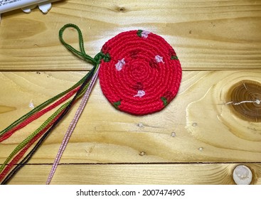 Mochila Wayuu Crochet Bag On Wooden Table. Tapestry Crochet Bag.