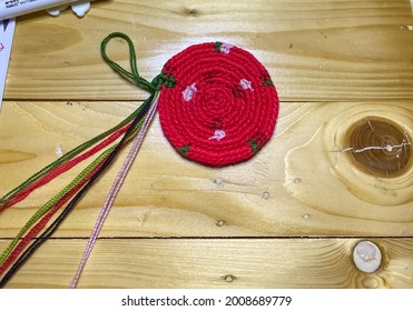 Mochila Wayuu Crochet Bag On Wooden Table. Tapestry Crochet Bag.