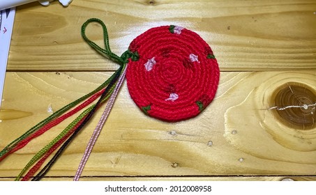 Mochila Wayuu Crochet Bag On Wooden Table. Tapestry Crochet Bag.