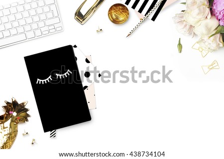 Mock up background, woman desk. Pink peonies, flower. Flat lay. Accessories on the table, view top, desk top modern. Notebook and gold stapler. Keyboard with pineapple