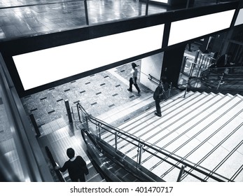 Mock Up Banner Billboard Media Advertisement Escalator And Stairs People Walking In Subway Station