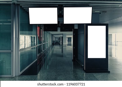 Mock Up Banners Billboard Display Escalator Blur People In Subway Station. Signboard For Advertisement Design In A Shopping Center, Gallery. Mockup, Mock-up, Mock Up. Digital Kiosk.