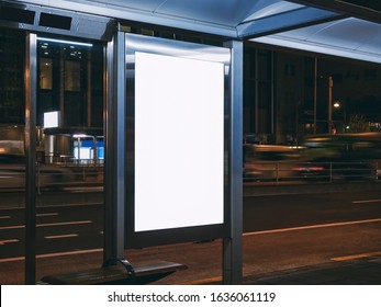 Mock Up Billboard Banner Template  Bus Shelter Media Advertising Outdoor Street Sign Display At Night