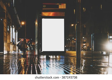 Mock Up Of Blank Advertising Light Box, Rainy City At Night