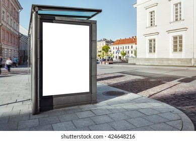 Mock Up Of Blank Bus Stop Vertical Poster Billboard On Sidewalk