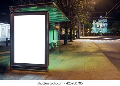 Mock Up Of Blank Bus Stop Vertical Advertising Light Box At Night