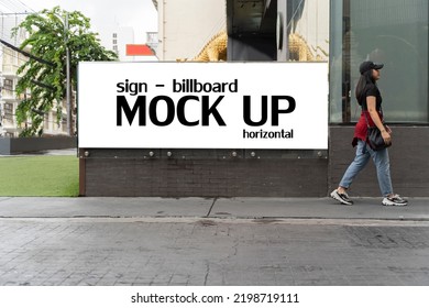 Mock Up Blank Horizontal Signboard Advertising Stand Media Outdoor With People Walking City Street Building. Empty Space For Advertising Or Announcement Information.