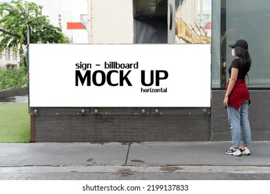 Mock Up Blank Horizontal Signboard Advertising Stand Media Outdoor With People Walking City Street Building. Empty Space For Advertising Or Announcement Information.