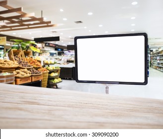 Mock Up Blank Sign Display In Supermarket Interior Background Retail Shopping 