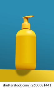 Maqueta del producto del cuidado del cuerpo; envase del producto del champú en fondo azul y amarillo