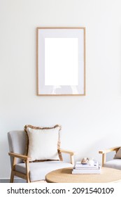 Mock Up Coastal White Wall, White Framed Photo Mockup, Modern Coastal White Wall Photo With Oak Wood Coastal Frame And Chairs, Rattan Decor Styling Interior Frame Mockup