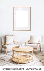 Mock Up Coastal White Wall, White Framed Photo Mockup, Modern Coastal White Wall Photo With Oak Wood Coastal Frame And Chairs, Rattan Decor Styling Interior Frame Mockup