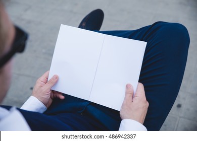 Mock Up Cover Magazine, Catalog, Book. Man Reading A Blank Magazine, Catalog, Book On The Bench.