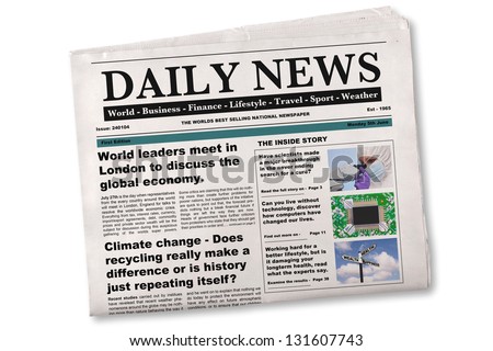 Mock up of a Daily newspaper on a white background. The name, title, headlines and stories are all fake, photos are from my portfolio.