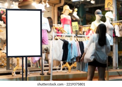 Mock Up Horizontal Signboard With White Frame Empty Space To Insert Text, Picture For Promotion In Fashion Shoes Shop At Chatuchak Weekend Market In Bangkok, Thailand.