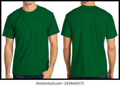 mock up image design of a plain forest green t-shirt with an adult male model on a white background

