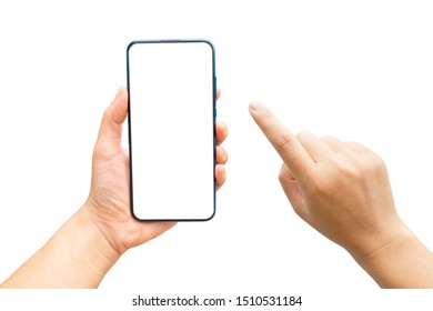 Mock up image of hands holding a blank screen of smartphone on white background. - Shutterstock ID 1510531184