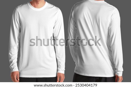 mock up image of a plain white long sleeve t-shirt with an adult male model on a gray background

