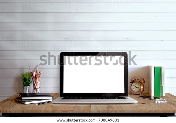 Mock Laptop On Wood Table Craft Stock Photo Edit Now 708049801