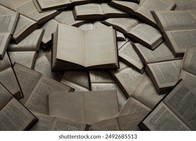 mock up many, a lot opened books with blank pages on floor, table background. empty notebook mockup template design. top view. back to school idea. education backdrop, information concept.  - Powered by Shutterstock