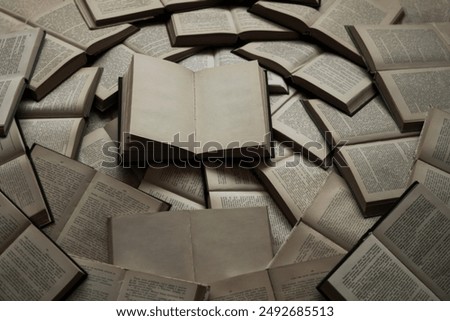 mock up many, a lot opened books with blank pages on floor, table background. empty notebook mockup template design. top view. back to school idea. education backdrop, information concept. 