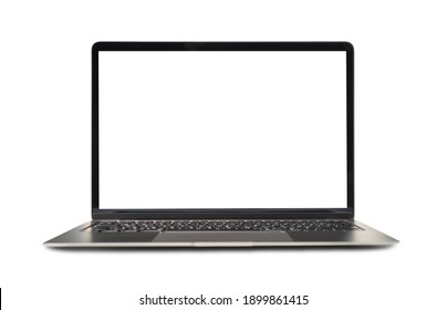 Mock up of modern laptop with white empty screen on white background stock photo