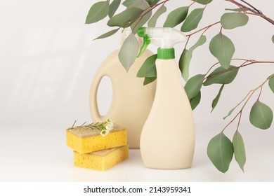 Mock Up Of Organic Cleaning Products For Eco House Cleaning With Sponges On A Light Neutral Background With Green Leaves And Copy Space. Eco Friendly Spring Cleaning. Soft Image And Soft Focus Style