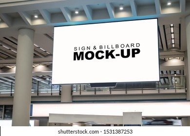 Mock Up Perspective Horizontal Billboard With Clipping Path At Airport Terminal Hanging From Ceiling Over Walkway, Empty Space For Advertising Or Public Information, Advertisement Concept