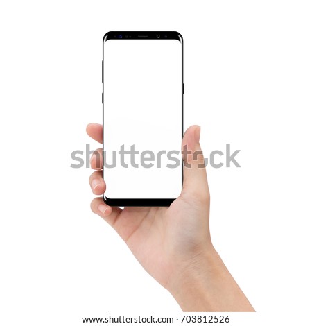 mock up phone in holding hand isolated on white background clipping path inside
