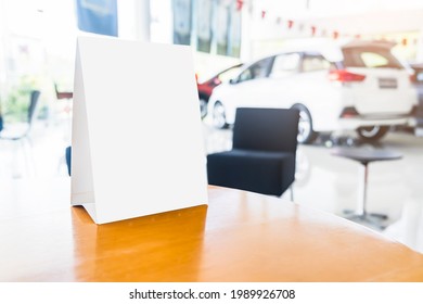 Mock Up Poster Board Stand On Sales Promotion Advertisement Sign White Display On Table In Car Show Room, Payment QR Code Signboard For Customer Deals Announcement Branding Presentation Marketing 