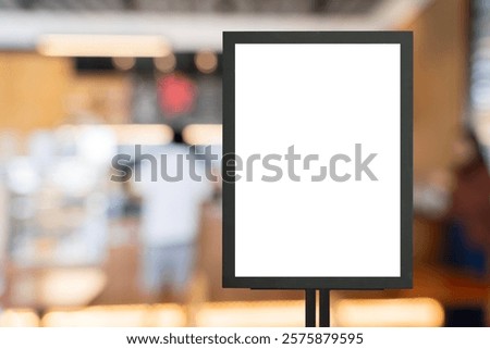 Mock up poster frame template in cafe table and seats interior advertising banner. Vertical empty advertising poster mock-up at the entrance of restaurant. Blank blackboard sign inside a store.
