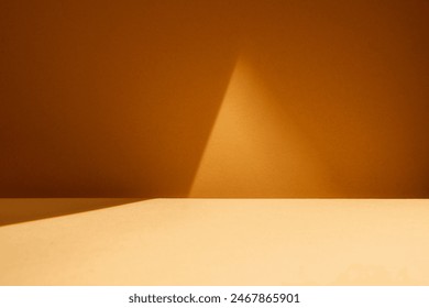 Mock up presentation, branding products, cosmetics, food or jewellery. Empty table on bright brown wall background. Composition with window shadow on the wall and wooden table.  - Powered by Shutterstock