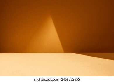 Mock up presentation, branding products, cosmetics, food or jewellery. Empty table on bright brown wall background. Composition with window shadow on the wall and wooden table.  - Powered by Shutterstock