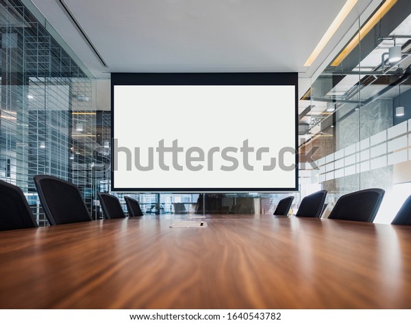 Mock up projector screen\
Presentation interior conference room Business meeting Office\
building