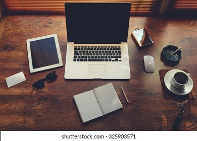 Mock Up Of Rich Business Person Workplace With Luxury Accessories And Distance Work Tools, Laptop Computer And Digital Tablet With Blank Copy Space For Text Message Or Information Content 