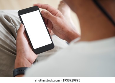 Mock Up Smartphone Of Hand Holding Black Mobile Phone With Blank White Screen.