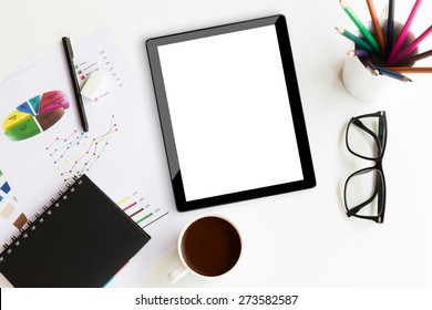 Mock Up Tablet Similar To Ipad White Screen On White Desk Workspace In Office Background