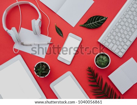 Mock up template with smartphone, tablets, computer and headphones. Flat lay for branding with electronic devises 