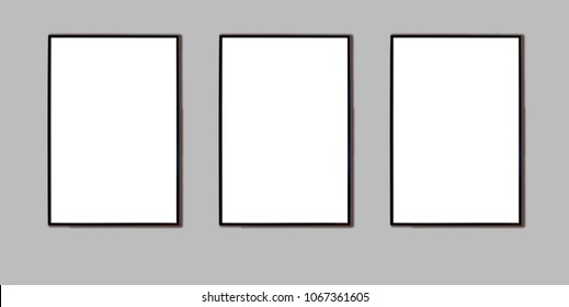 Mock Up Three Black Frame For Picture, Advertisement Or Poster On A Gray Wall