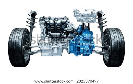 Mock up truck engine with Shock absorber and tire isolated on white background with clipping path