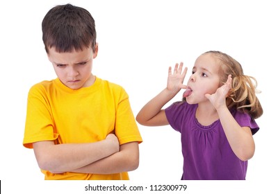 Mocking And Teasing Among Children - Girl Taunting Upset Boy, Isolated