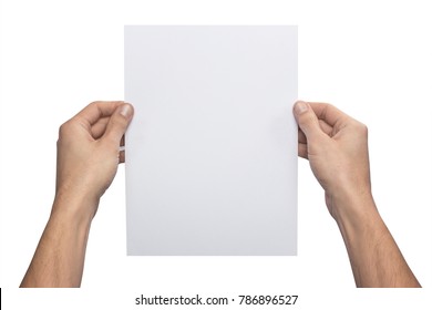 Mockup A4 Letter Vertical Empty Blank White Holds The Man In His Hand. Isolated On A White Background