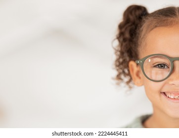 Mockup, advertising and girl with glasses from optometrist for vision in eyes at a clinic, store or shop. Half, happy and child with medical eyeglasses from optician with mock up space for marketing - Powered by Shutterstock