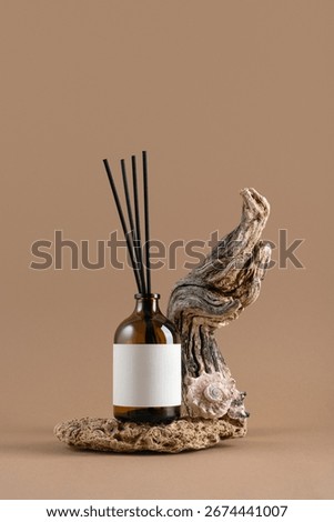 Mockup of amber glass diffuser bottle with blank label, driftwood and seashell decor on neutral background. Natural eco style template for branding, packaging and cosmetic design.