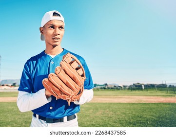 Mockup, baseball and man with glove, fitness and ready for game, confident and focus outdoor. Male athlete, gentleman and player with uniform, training and playing with endurance and determination - Powered by Shutterstock