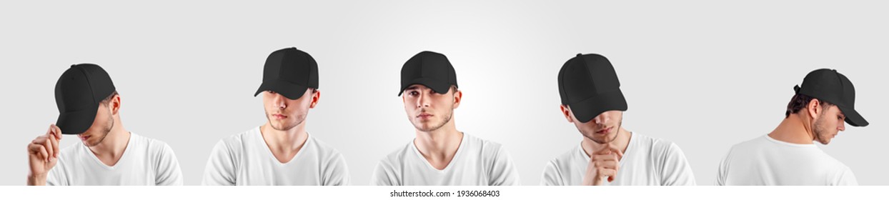 Mockup black baseball cap on a guy's head, front, side view, isolated on background, headwear for sun protection. Panama template with visor, for design presentation. Set of hats, uniforms